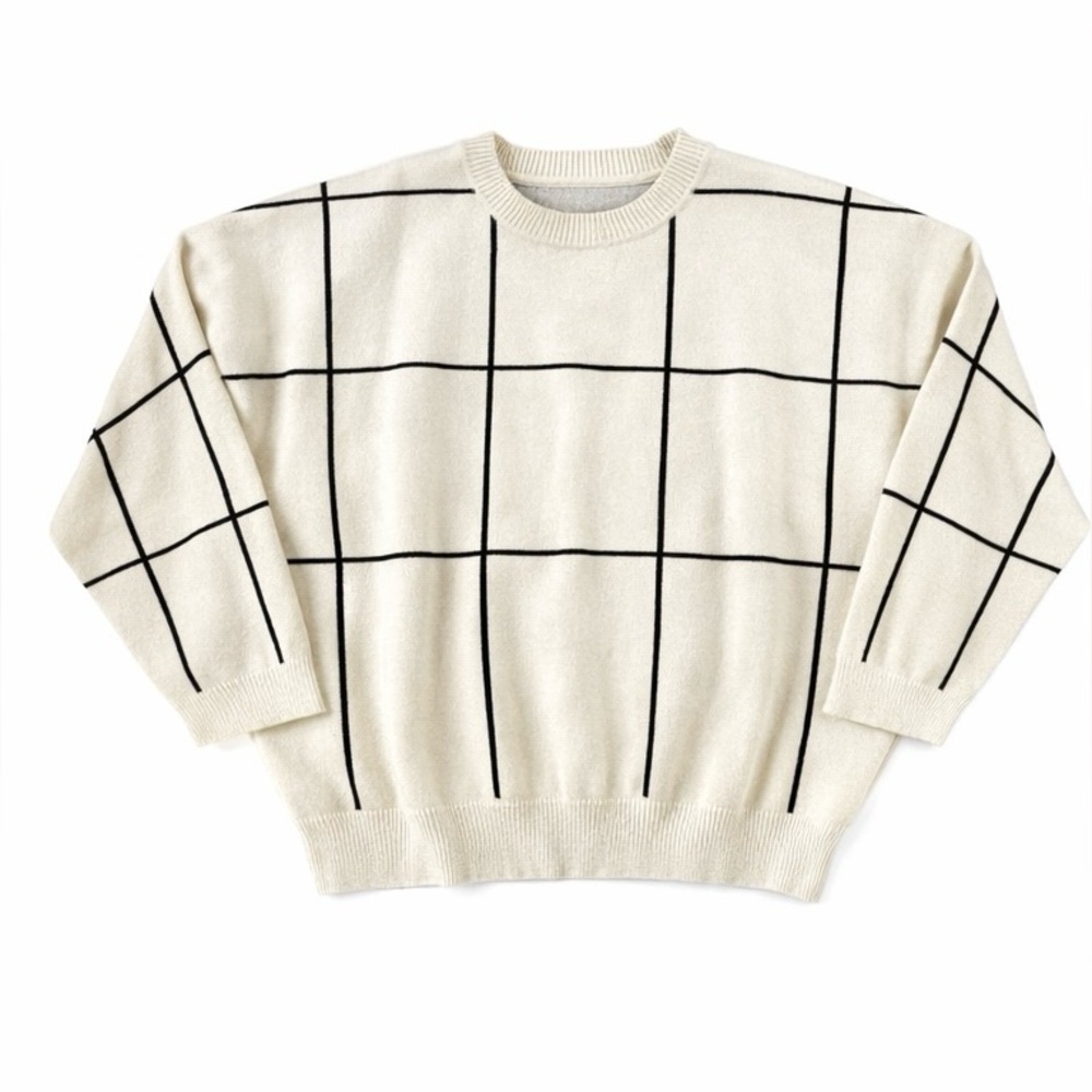 Chicwish Wool Blend Windowpane Grid Sweater Cream Black Boxy Pullover M/L - Picture 2 of 10
